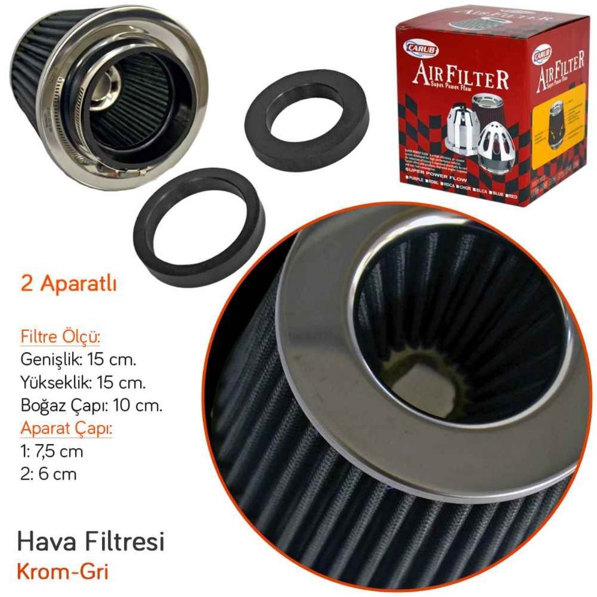 Carub Filtro de Aire Abierto de Rendimiento y Sonido Aumentado +6 Hp Tipo Abierto Universal con Adaptador Gris