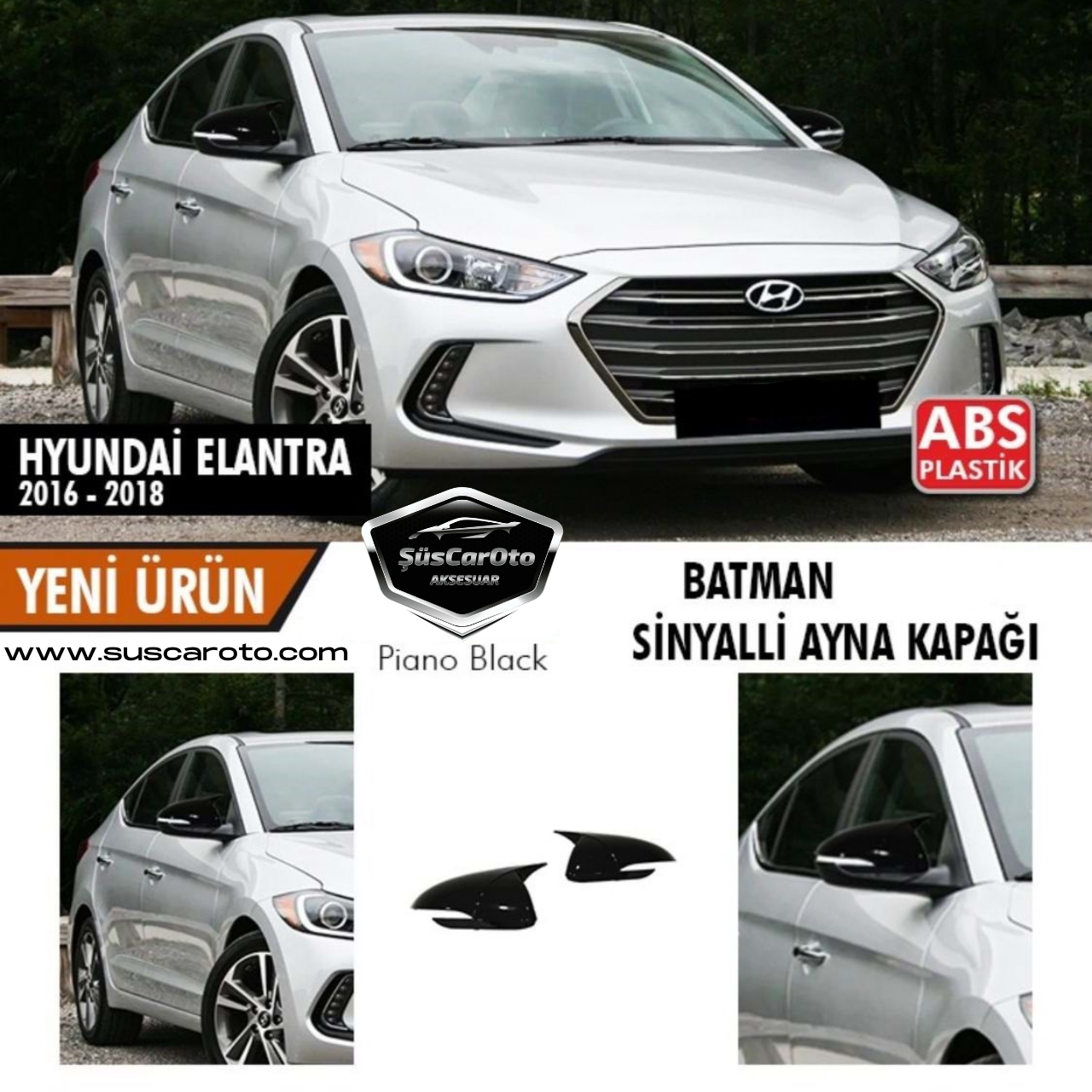 Cubierta de espejo retrovisor de murciélago Batman, con señal, para Hyundai Elantra 2016-2018, de plástico ABS Piano Black