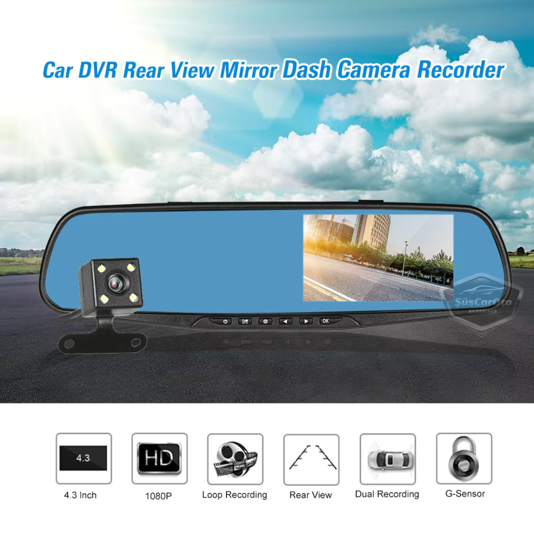 Espejo retrovisor con cámaras delantera y trasera, cámara de visión trasera de 4.3" 1080P Full HD con grabación, sensor de detección de colisión, visión nocturna, sensor de estacionamiento con sonido, grabación de ruta ONP220