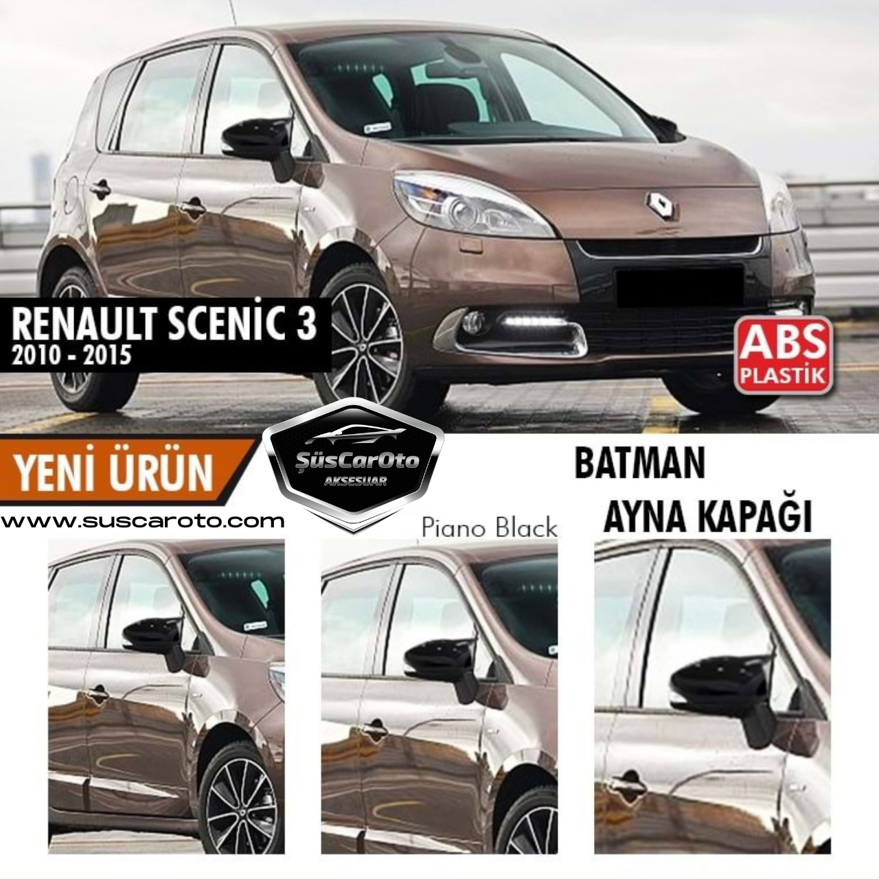 Renault Scenic 3 2010-2015 Cubierta de espejo lateral Batman Piano Negro Plástico ABS