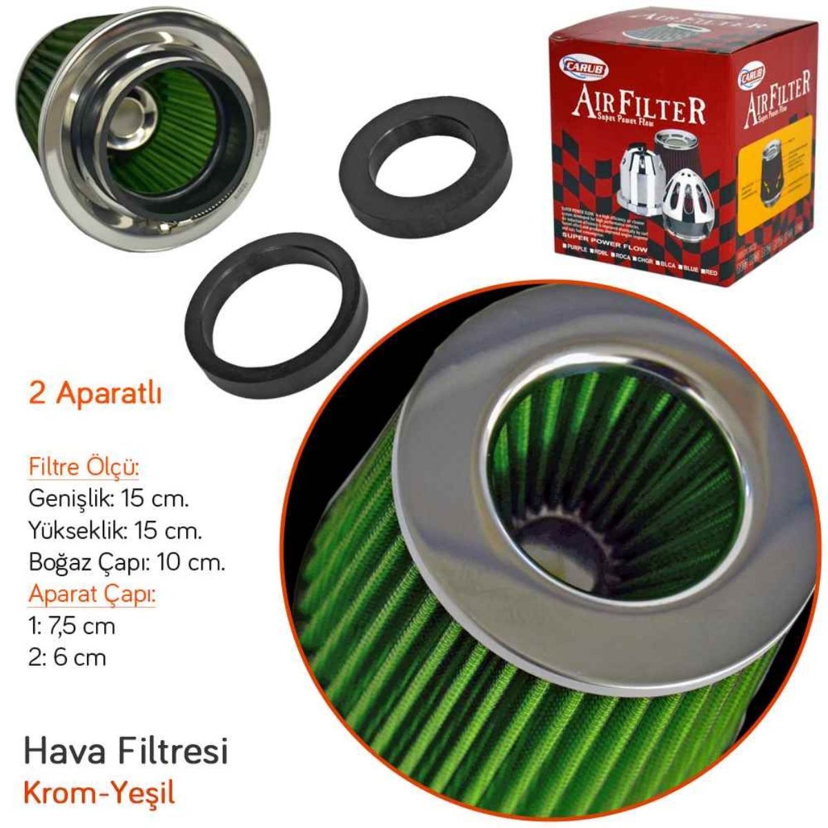 Filtro de aire abierto Carub de rendimiento y sonido +6 CV universal con adaptador verde