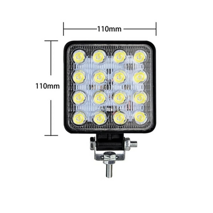 Luz de trabajo cuadrada 12V-24V 16 LED Luz LED todoterreno Lámpara Tractor Camión Remolque Motocicleta Luz antiniebla Proyector blanco 48 vatios 11 cm 1 unidad