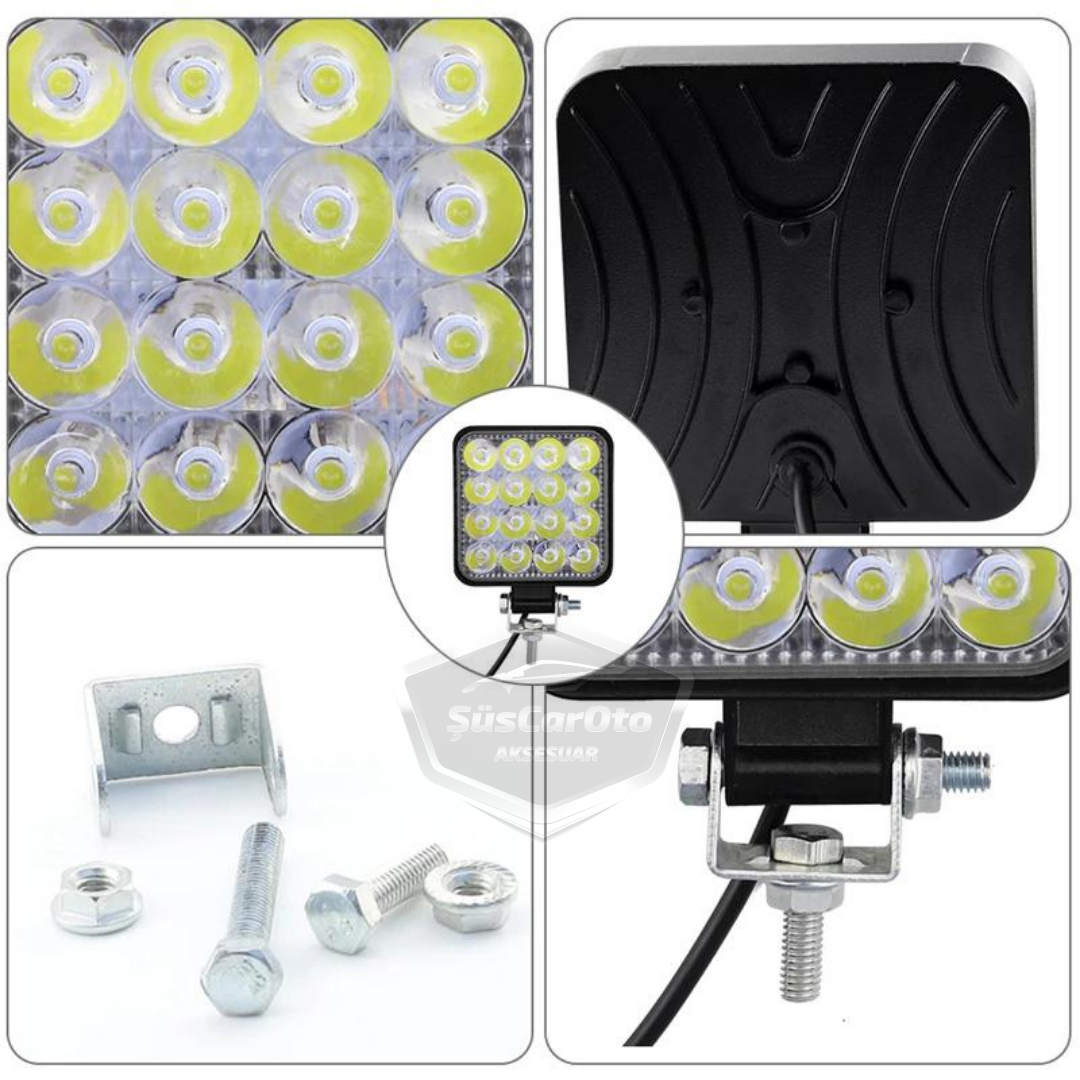 Luz de trabajo cuadrada 12V-24V 16 LED Luz LED todoterreno Lámpara Tractor Camión Remolque Motocicleta Luz antiniebla Proyector blanco 48 vatios 11 cm 1 unidad
