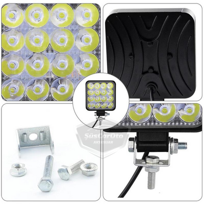 Luz de trabajo cuadrada 12V-24V 16 LED Luz LED todoterreno Lámpara Tractor Camión Remolque Motocicleta Luz antiniebla Proyector blanco 48 vatios 11 cm 1 unidad