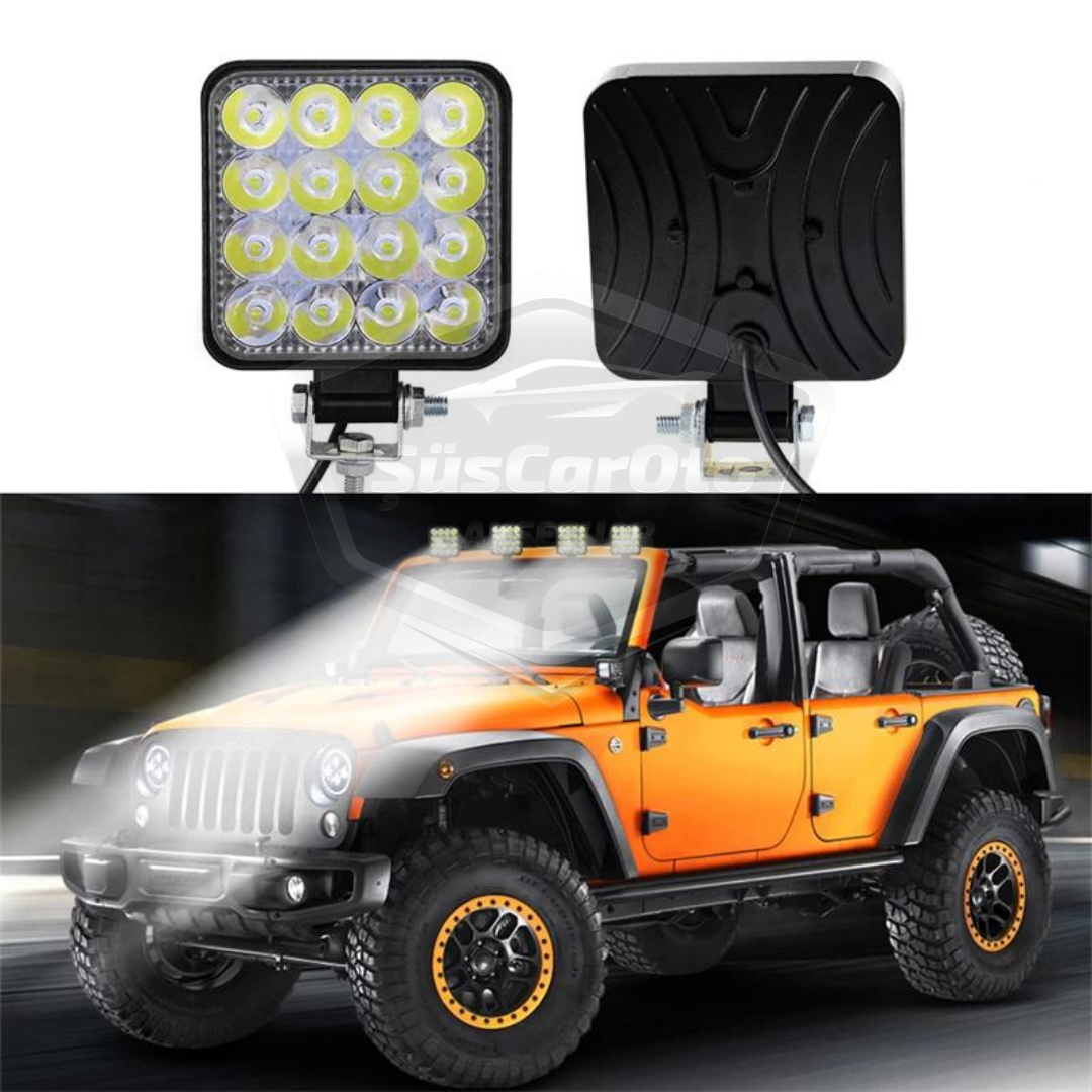 Luz de trabajo cuadrada 12V-24V 16 LED Luz LED todoterreno Lámpara Tractor Camión Remolque Motocicleta Luz antiniebla Proyector blanco 48 vatios 11 cm 1 unidad
