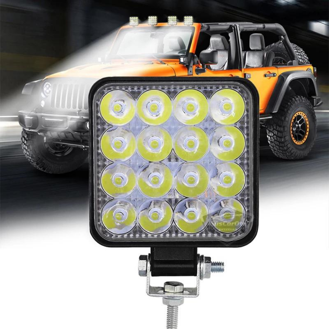 Luz de trabajo cuadrada 12V-24V 16 LED Luz LED todoterreno Lámpara Tractor Camión Remolque Motocicleta Luz antiniebla Proyector blanco 48 vatios 11 cm 1 unidad