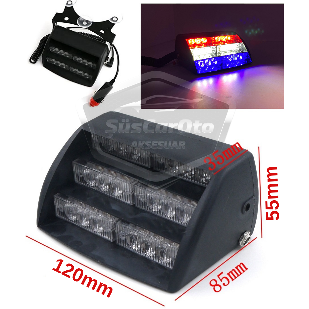 18 leds Mini Luz estroboscópica de policía con ventosa para ventana, lámpara de advertencia de 18 leds, 4 modos diferentes, azul, blanco, rojo, 3 colores, con enchufe para encendedor de cigarrillos