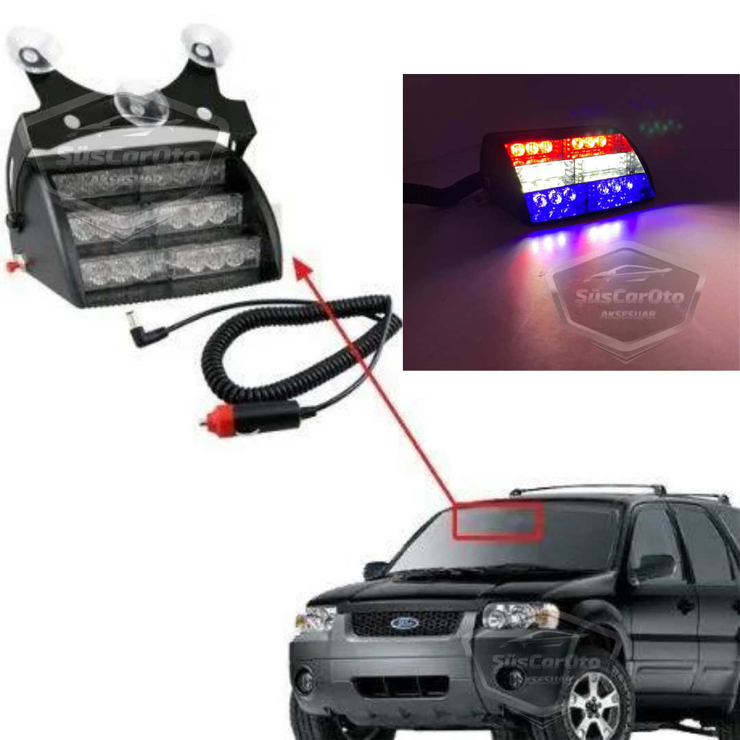 18 leds Mini Luz estroboscópica de policía con ventosa para ventana, lámpara de advertencia de 18 leds, 4 modos diferentes, azul, blanco, rojo, 3 colores, con enchufe para encendedor de cigarrillos