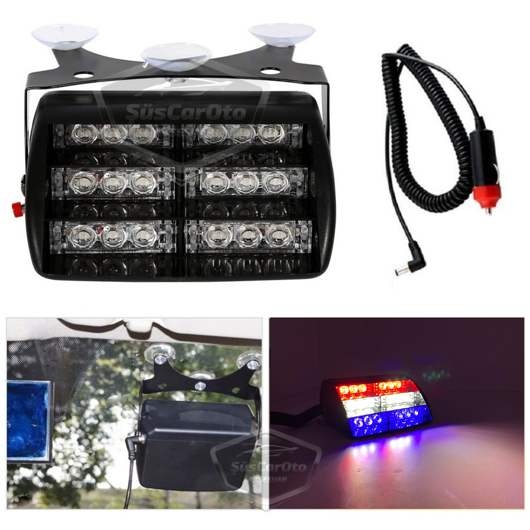 18 leds Mini Luz estroboscópica de policía con ventosa para ventana, lámpara de advertencia de 18 leds, 4 modos diferentes, azul, blanco, rojo, 3 colores, con enchufe para encendedor de cigarrillos