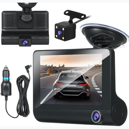 Grabadora de 3 cámaras, monitor con cámara delantera, interior y trasera de 4.0" y 1080P Full HD, grabadora con sensor de colisión, visión nocturna, sensor de aparcamiento con voz y grabadora de trayectos ONP226