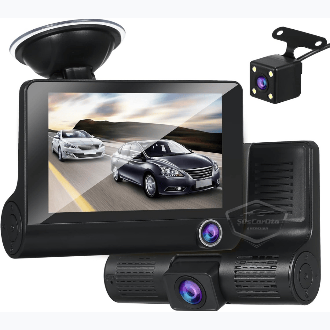 Grabadora de 3 cámaras, monitor con cámara delantera, interior y trasera de 4.0" y 1080P Full HD, grabadora con sensor de colisión, visión nocturna, sensor de aparcamiento con voz y grabadora de trayectos ONP226