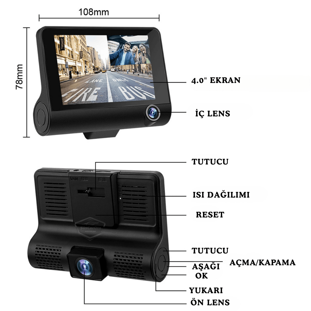 Grabadora de 3 cámaras, monitor con cámara delantera, interior y trasera de 4.0" y 1080P Full HD, grabadora con sensor de colisión, visión nocturna, sensor de aparcamiento con voz y grabadora de trayectos ONP226