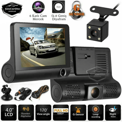 Grabadora de 3 cámaras, monitor con cámara delantera, interior y trasera de 4.0" y 1080P Full HD, grabadora con sensor de colisión, visión nocturna, sensor de aparcamiento con voz y grabadora de trayectos ONP226