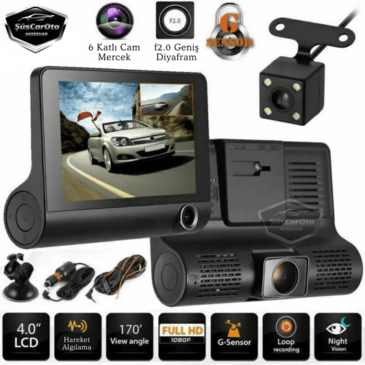 Grabadora de 3 cámaras, monitor con cámara delantera, interior y trasera de 4.0" y 1080P Full HD, grabadora con sensor de colisión, visión nocturna, sensor de aparcamiento con voz y grabadora de trayectos ONP226