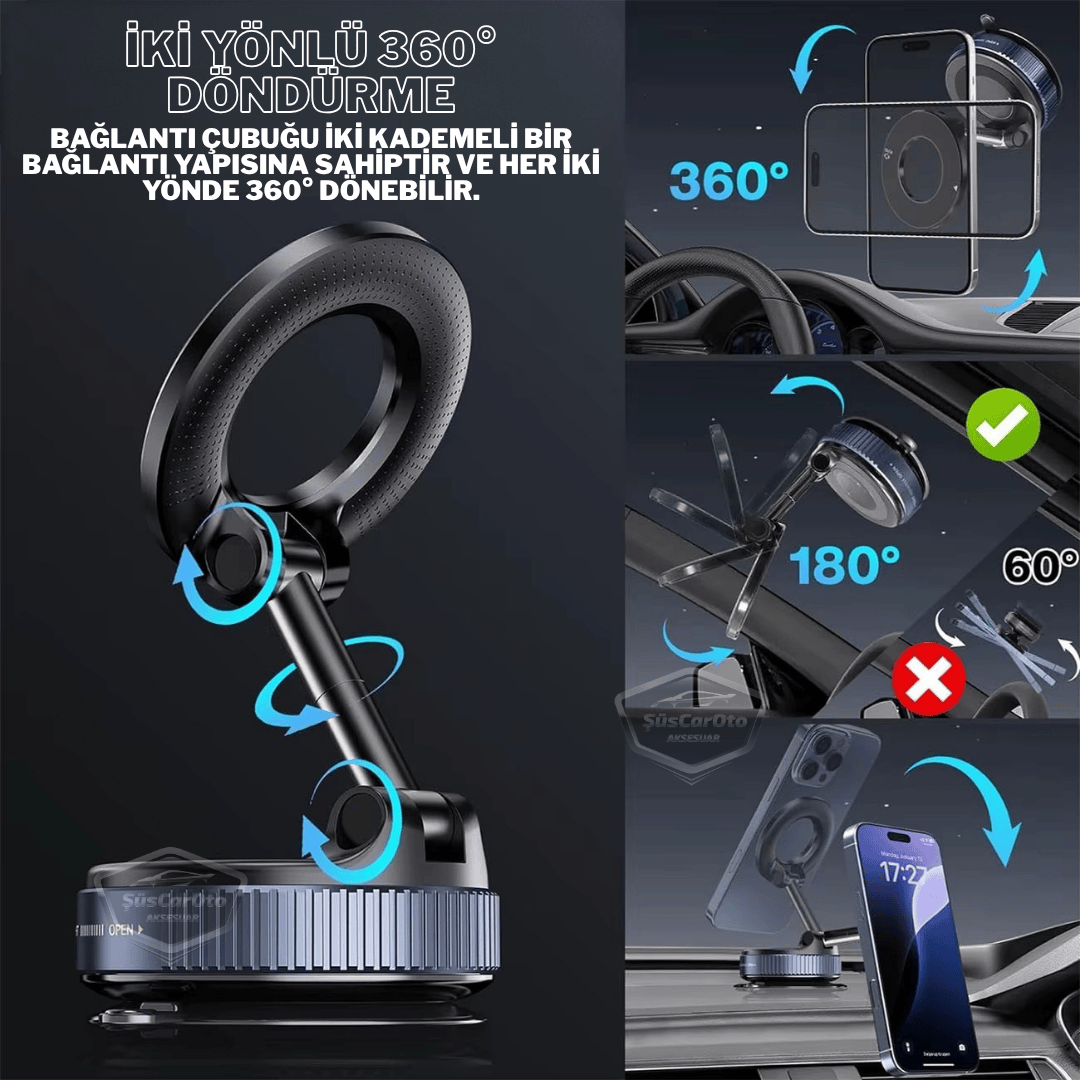 360° Ayarlanabilir Vakumlu Güçlü Manyetik Araç Telefon Tutucu Magsafe Uyumlu Vakumlu Vantuz 360° Katlanabilir Telefon Tutucu Geliştirilmiş Versiyon