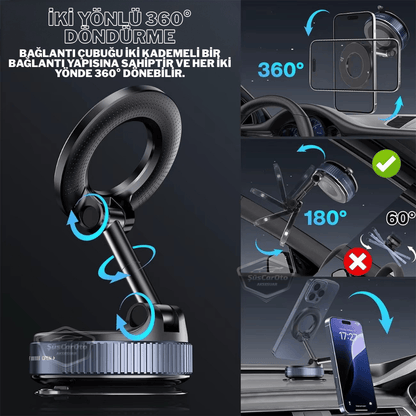 360° Ayarlanabilir Vakumlu Güçlü Manyetik Araç Telefon Tutucu Magsafe Uyumlu Vakumlu Vantuz 360° Katlanabilir Telefon Tutucu Geliştirilmiş Versiyon