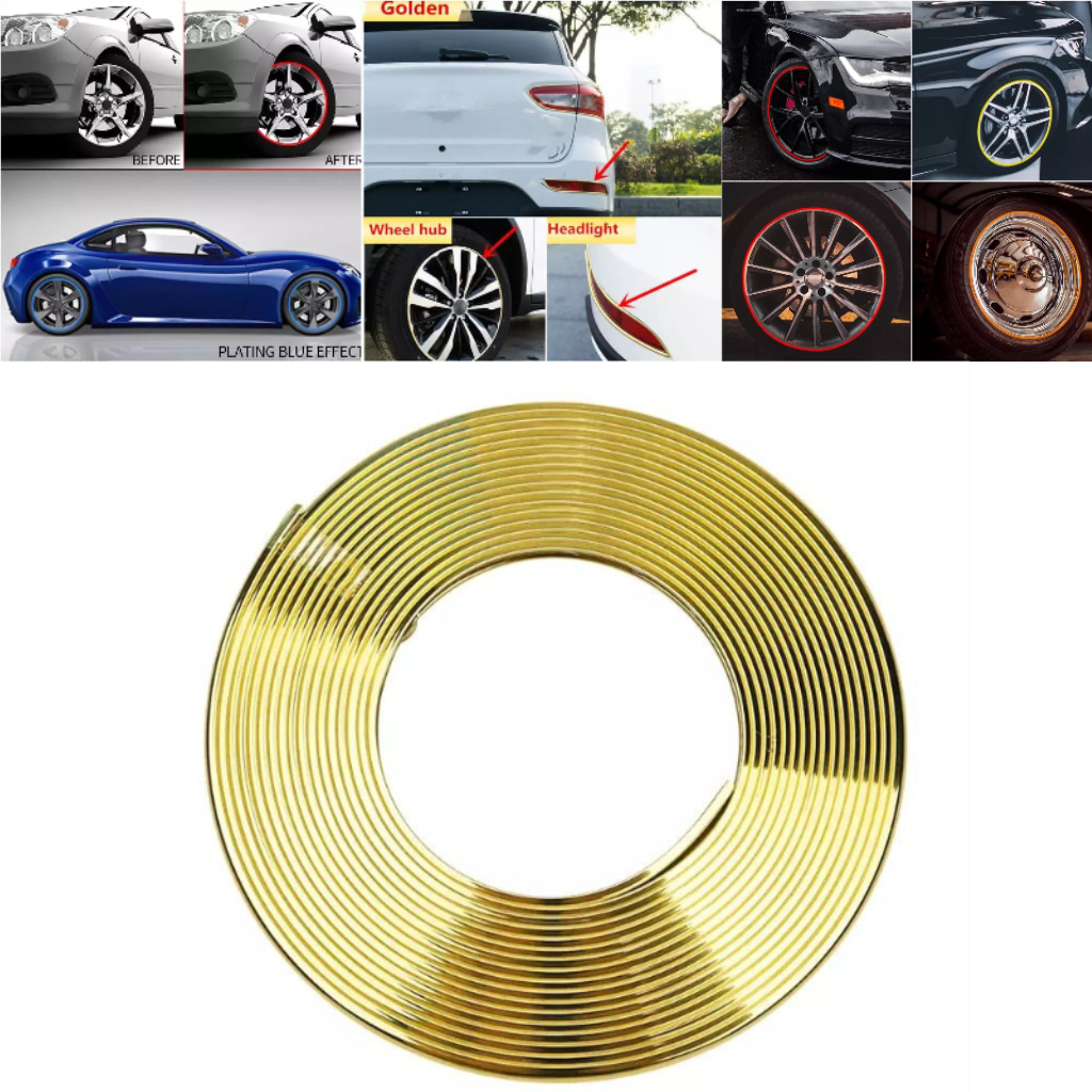 Embellecedor de Llanta de Coche, Aspecto Metálico, Tira Protectora para Llanta, Cinta para Llanta de 8 Metros, Color Dorado