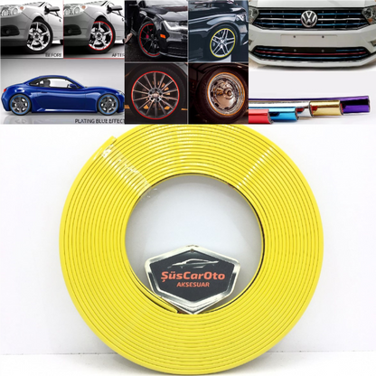Borde de llanta de coche, moldura de llanta de goma con aspecto metálico, tira de 8 metros, color amarillo