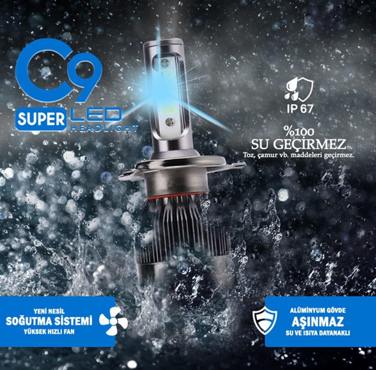 Bombilla de faro H7 C9 Ultra Azul Hielo LED Xenón con refrigeración 9400 LM 10000K Efecto flash Xenón