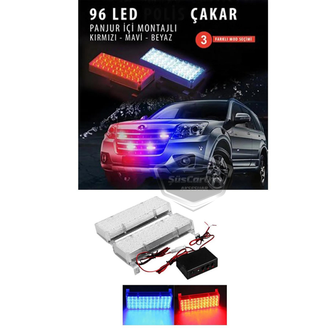 96 LED, 3 modos, luz estroboscópica para rejilla interior, luz estroboscópica para rejilla, rojo, azul, 48x2, lámpara LED, luz de policía intermitente, 12V