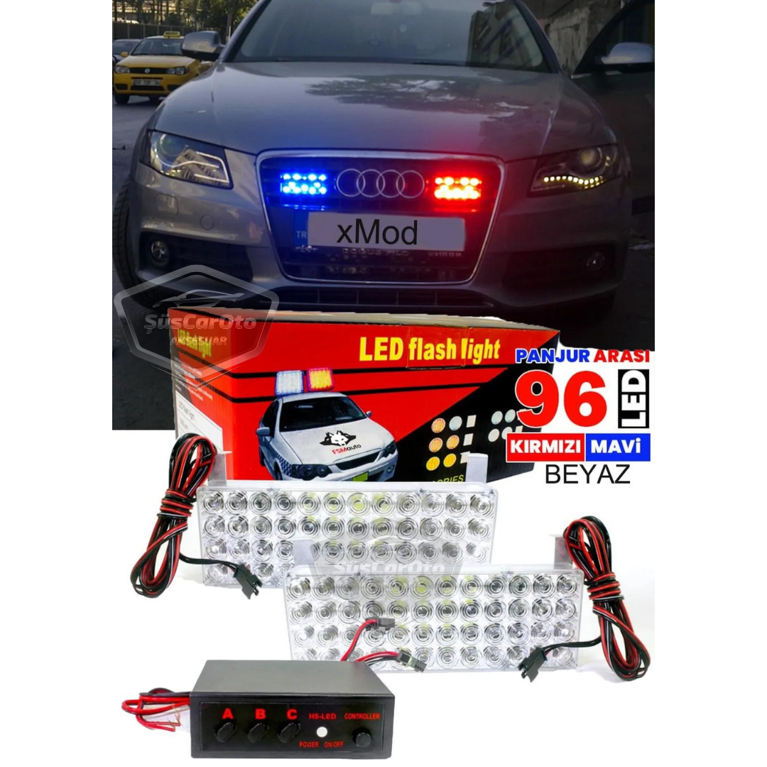 96 LED, 3 modos, luz estroboscópica para rejilla interior, luz estroboscópica para rejilla, rojo, azul, 48x2, lámpara LED, luz de policía intermitente, 12V