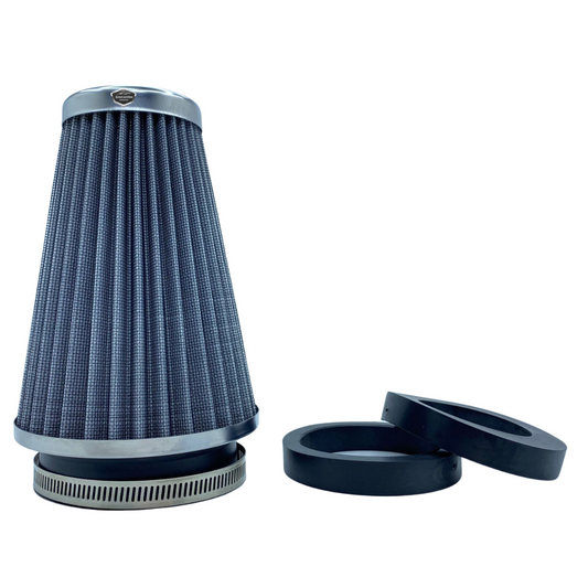 Filtro de aire abierto con mejora de sonido y rendimiento, tipo largo, gris, +6 CV, con adaptador universal