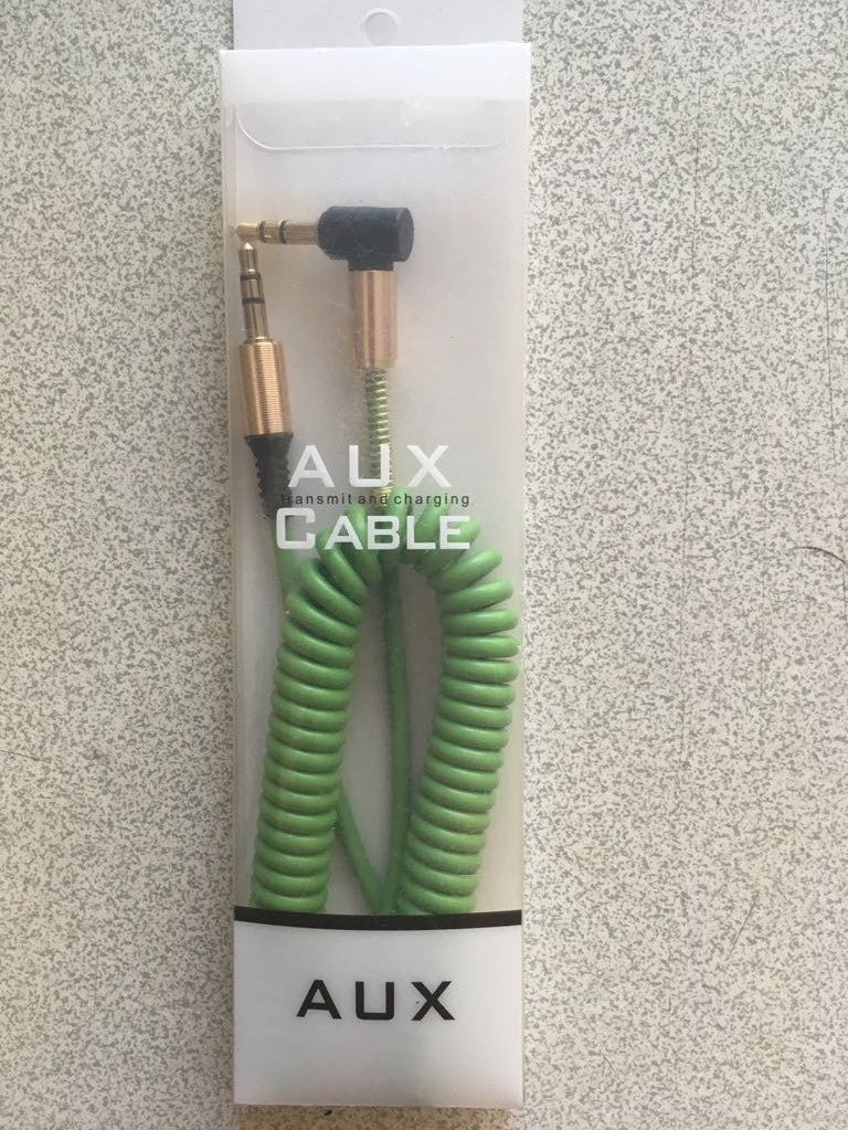 Cable de audio estéreo auxiliar para coche con punta dorada, resorte y colores, de 3,5 mm