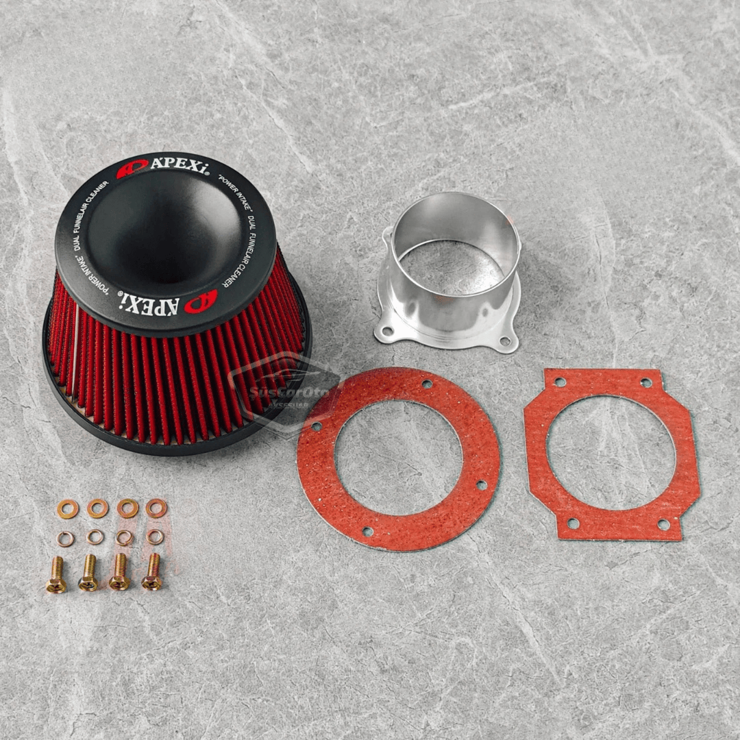 Apexi Universal Performans ve Ses Arttırıcı Aparatlı Açık Hava Filtresi Seti +6 Hp Dual Funnel Kırmızı 76 mm
