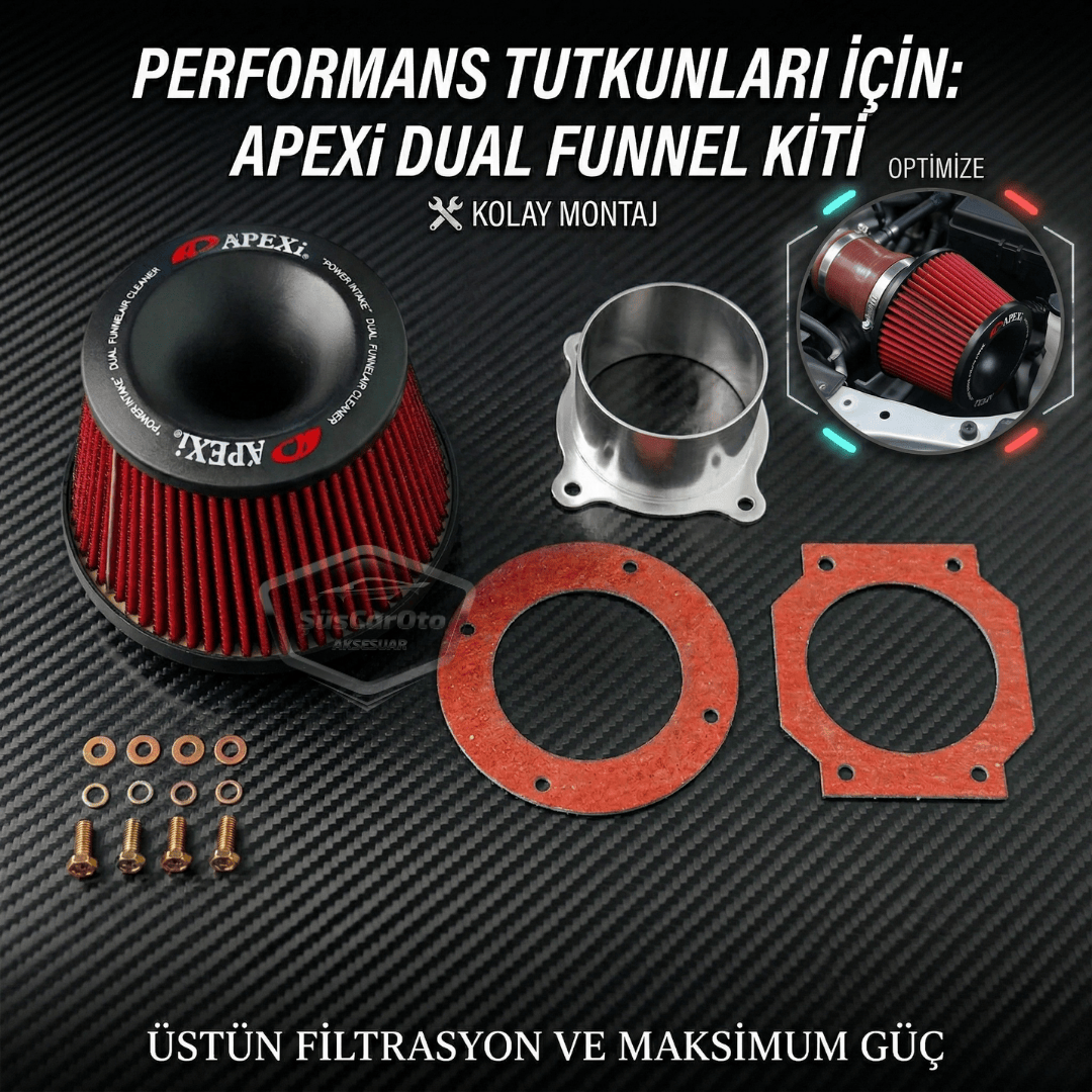Apexi Universal Performans ve Ses Arttırıcı Aparatlı Açık Hava Filtresi Seti +6 Hp Dual Funnel Kırmızı 76 mm