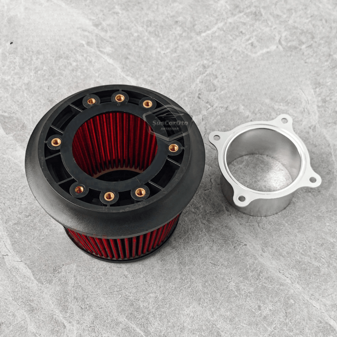 Apexi Universal Performans ve Ses Arttırıcı Aparatlı Açık Hava Filtresi Seti +6 Hp Dual Funnel Kırmızı 76 mm