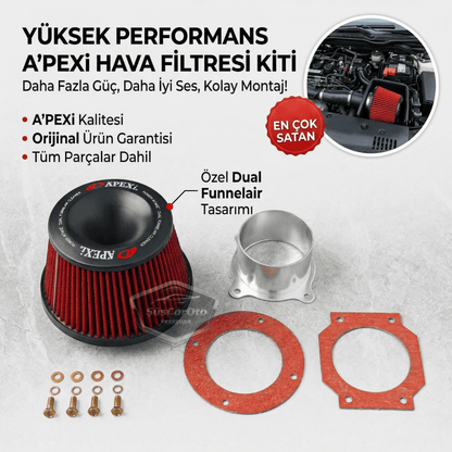 Apexi Universal Performans ve Ses Arttırıcı Aparatlı Açık Hava Filtresi Seti +6 Hp Dual Funnel Kırmızı 76 mm
