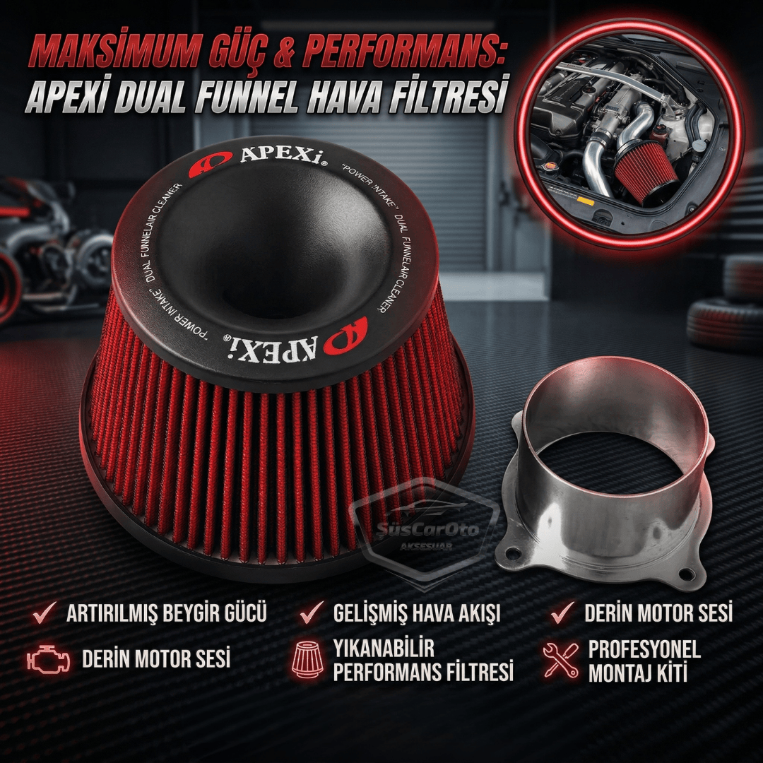 Apexi Universal Performans ve Ses Arttırıcı Aparatlı Açık Hava Filtresi Seti +6 Hp Dual Funnel Kırmızı 76 mm