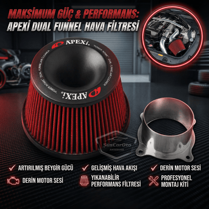 Apexi Universal Performans ve Ses Arttırıcı Aparatlı Açık Hava Filtresi Seti +6 Hp Dual Funnel Kırmızı 76 mm