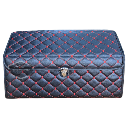 Organizador de maletero de cuero, bolsa organizadora de cuero para coche, accesorios de almacenamiento interior de coche, accesorios de automóvil, material acolchado con costuras rojas