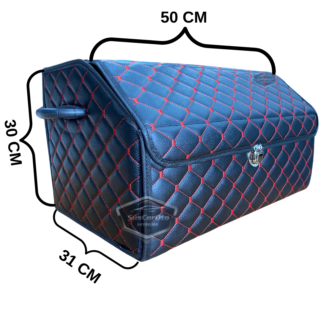 Organizador de maletero de cuero, bolsa organizadora de cuero para coche, accesorios de almacenamiento interior de coche, accesorios de automóvil, material acolchado con costuras rojas