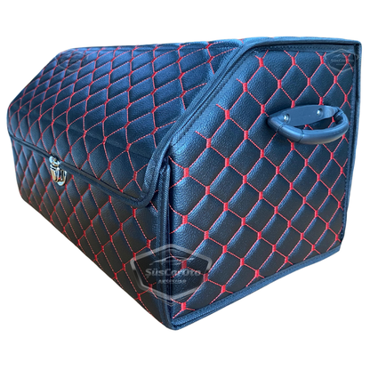 Organizador de maletero de cuero, bolsa organizadora de cuero para coche, accesorios de almacenamiento interior de coche, accesorios de automóvil, material acolchado con costuras rojas