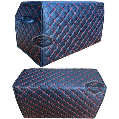 Organizador de maletero de cuero, bolsa organizadora de cuero para coche, accesorios de almacenamiento interior de coche, accesorios de automóvil, material acolchado con costuras rojas