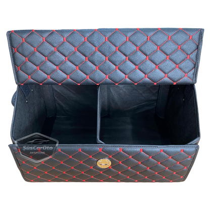 Organizador de maletero de cuero, bolsa organizadora de cuero para coche, accesorios de almacenamiento interior de coche, accesorios de automóvil, material acolchado con costuras rojas