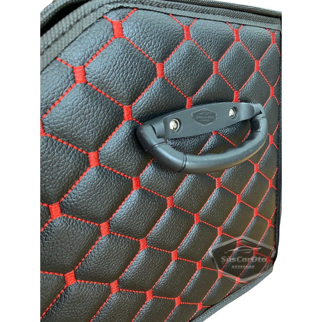 Organizador de maletero de cuero, bolsa organizadora de cuero para coche, accesorios de almacenamiento interior de coche, accesorios de automóvil, material acolchado con costuras rojas