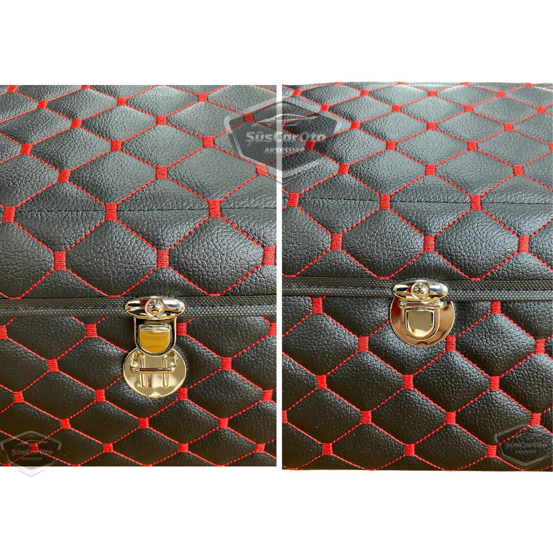 Organizador de maletero de cuero, bolsa organizadora de cuero para coche, accesorios de almacenamiento interior de coche, accesorios de automóvil, material acolchado con costuras rojas