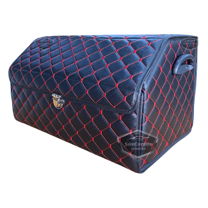 Organizador de maletero de cuero, bolsa organizadora de cuero para coche, accesorios de almacenamiento interior de coche, accesorios de automóvil, material acolchado con costuras rojas