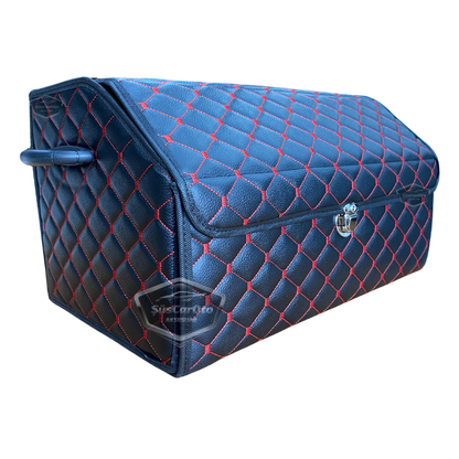 Organizador de maletero de cuero, bolsa organizadora de cuero para coche, accesorios de almacenamiento interior de coche, accesorios de automóvil, material acolchado con costuras rojas