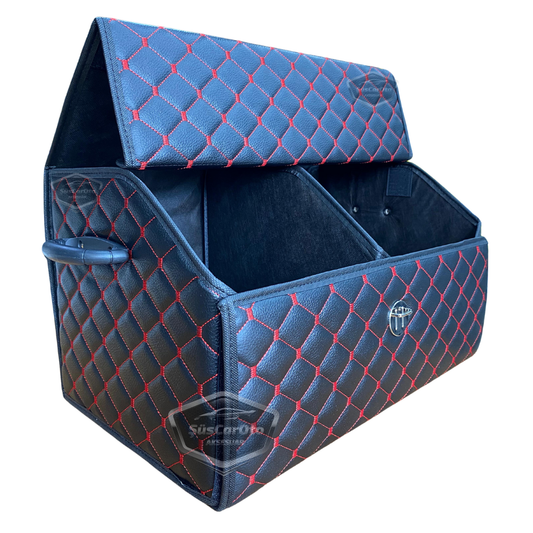 Organizador de maletero de cuero, bolsa organizadora de cuero para coche, accesorios de almacenamiento interior de coche, accesorios de automóvil, material acolchado con costuras rojas