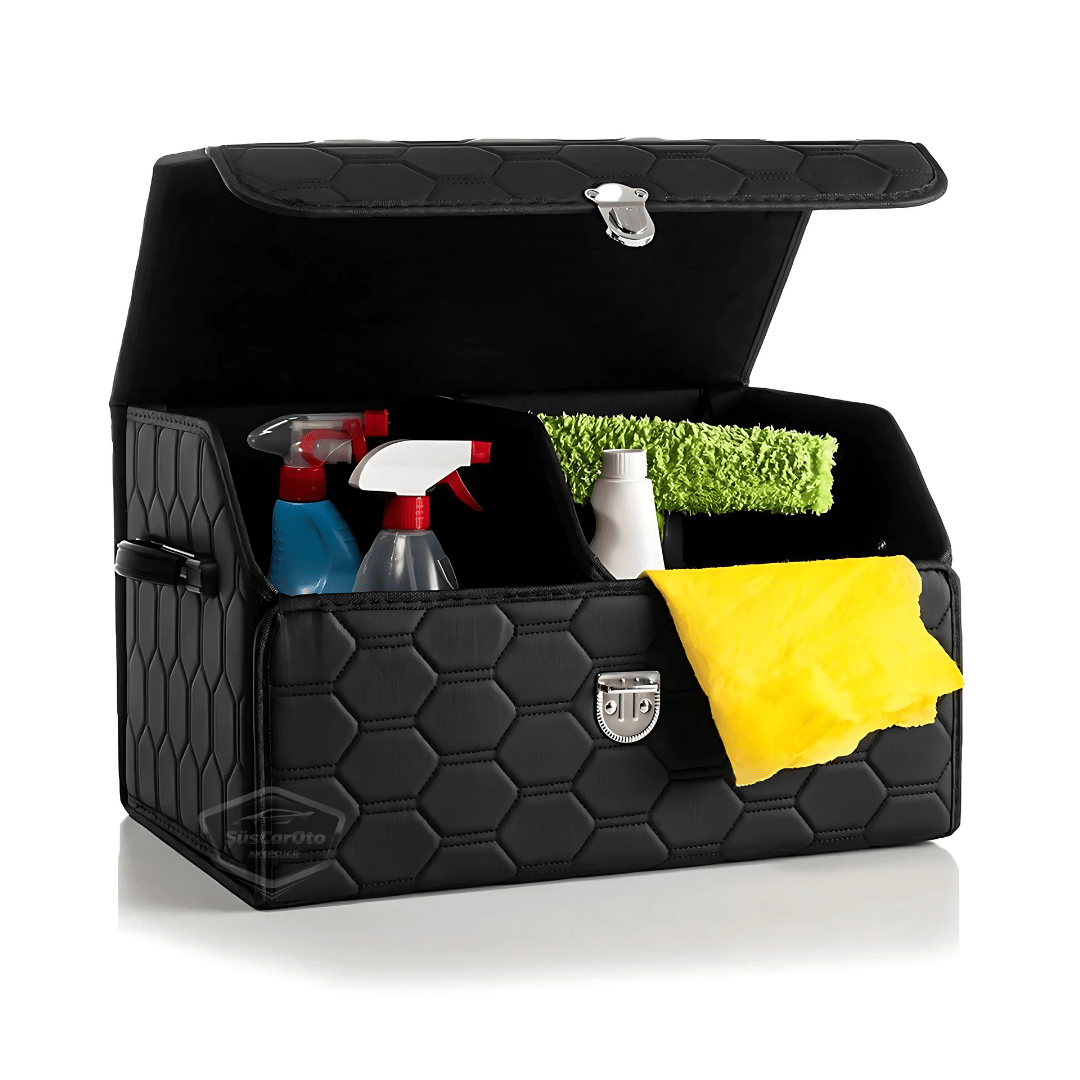 Organizador de maletero de coche, bolsa de cuero, organizador de coche, accesorios de interior para coche, material para accesorios de coche, acolchado con costuras negras