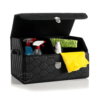 Organizador de maletero de coche, bolsa de cuero, organizador de coche, accesorios de interior para coche, material para accesorios de coche, acolchado con costuras negras