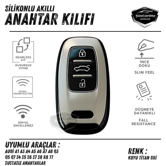 Funda de silicona compatible con Audi A1 A3 A4 A5 A6 A7 A8 Q3 Q5 Q7 S4 S5 S6 S7 S8 R8 TT Quattro, carcasa protectora para llave de coche, llavero amortiguador, color gris titanio oscuro PNT101