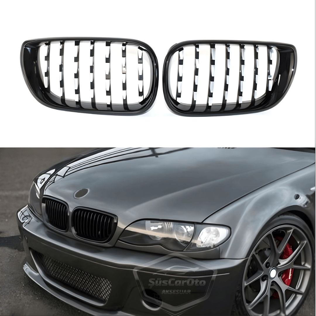 Parilla frontal de riñón cromada tipo diamante para BMW Serie 3 E46 LCI 2002-2005, importada, color negro piano, 1.ª clase, juego derecho e izquierdo.