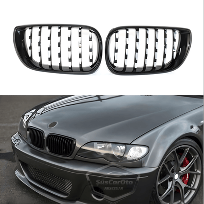 Parilla frontal de riñón cromada tipo diamante para BMW Serie 3 E46 LCI 2002-2005, importada, color negro piano, 1.ª clase, juego derecho e izquierdo.