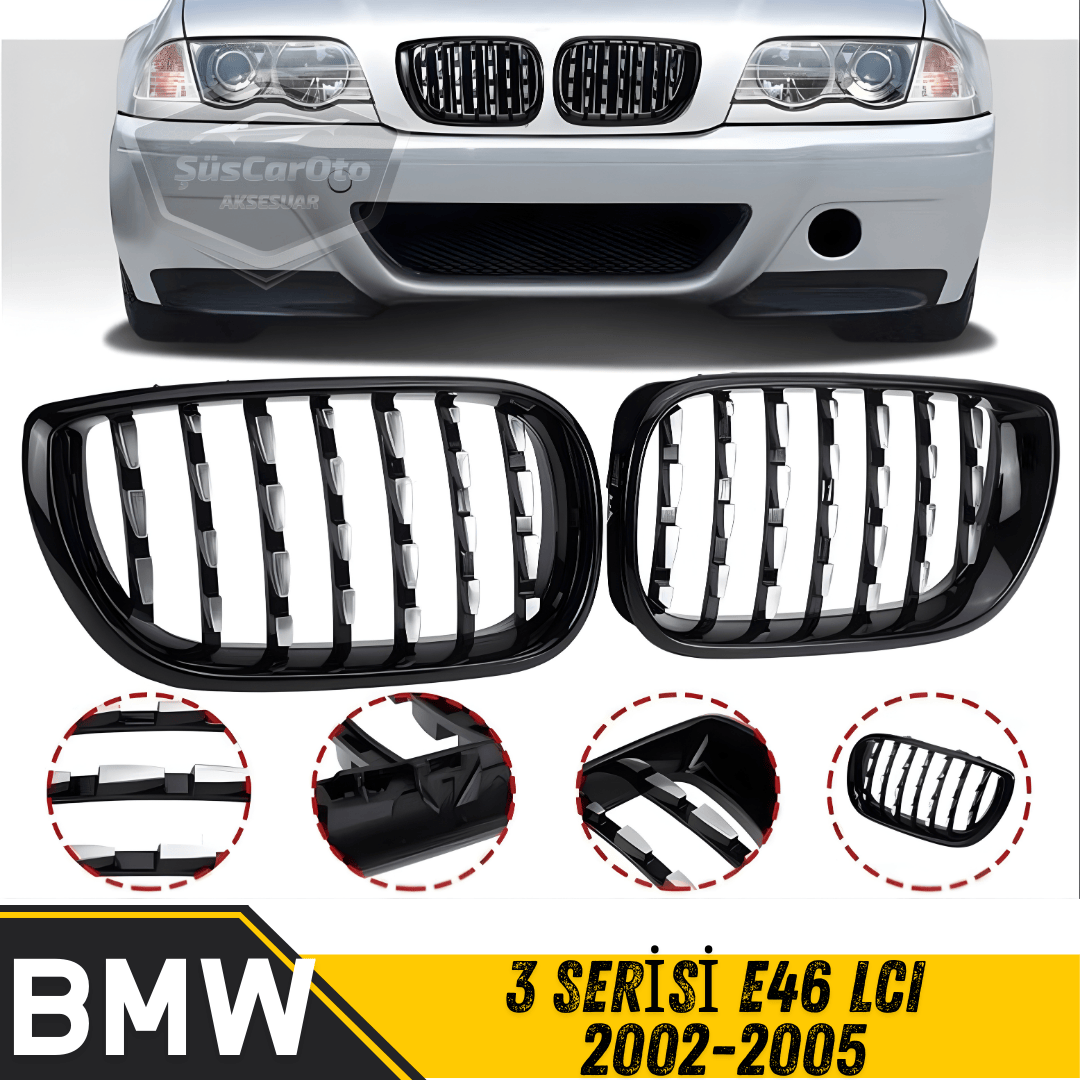 Parilla frontal de riñón cromada tipo diamante para BMW Serie 3 E46 LCI 2002-2005, importada, color negro piano, 1.ª clase, juego derecho e izquierdo.