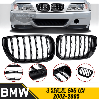 Parilla frontal de riñón cromada tipo diamante para BMW Serie 3 E46 LCI 2002-2005, importada, color negro piano, 1.ª clase, juego derecho e izquierdo.